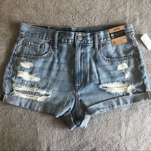 Aeropostale Shorts Light Blue Denim Jean Mom Hi Waist Distressed Size 12